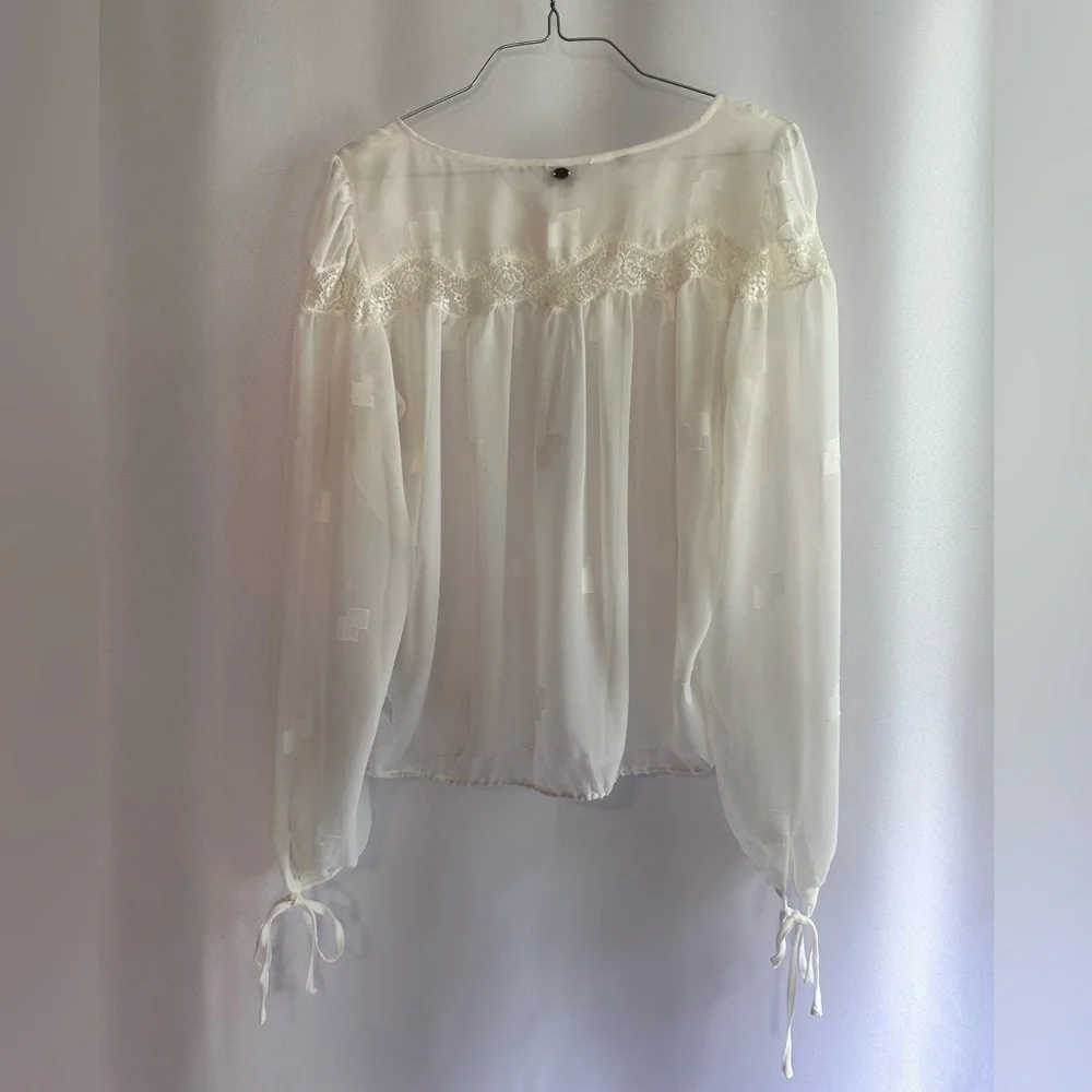 GUESS Sheer Long Sleeve Blouse With Lace Detail - Picture 2 of 8